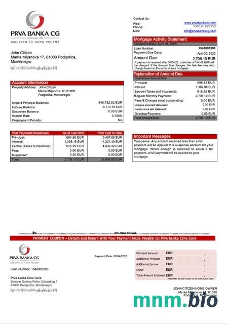 Czarnogóra Prva banka Crne Gore wyciąg z kredytu hipotecznego szablon Word i PDF